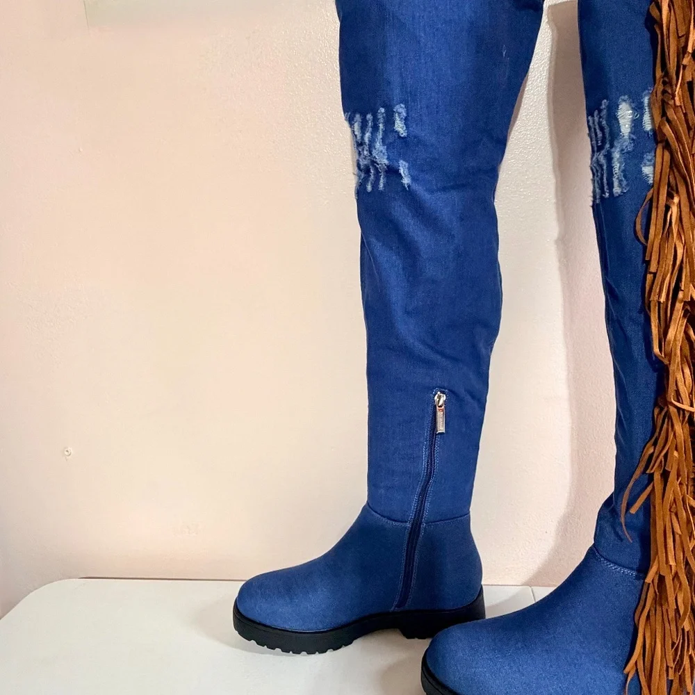 Cape Robbin Blue Denim Like Fabric Distressed Patches Fringe Detail OTK Boots